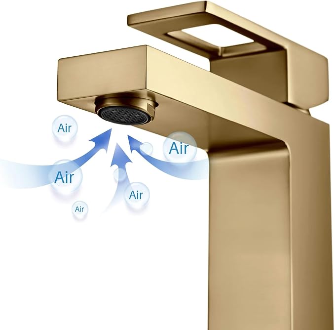Solid Brass Single Handle Bathroom Sink Faucet with Pop-Up Drain, High Arc Cubic Spout Lavatory Faucet in Brushed Brass, Corrosion-Resistant, Modern Design