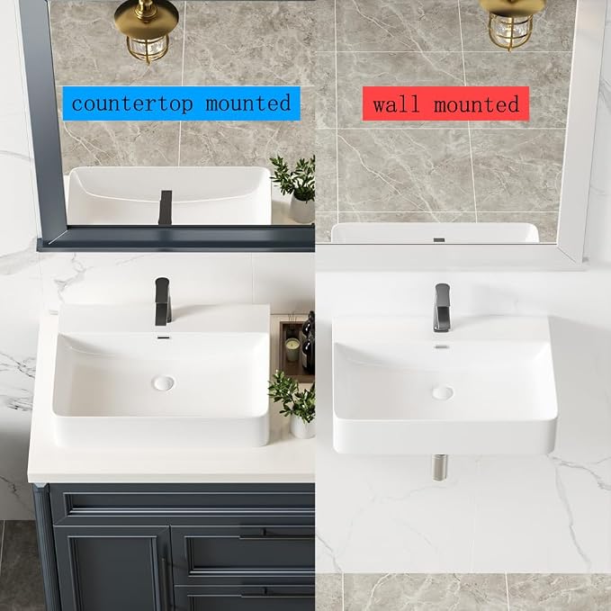 24" White Rectangular Ceramic Vessel Sink Bath Wall Mount/Above Counter | KINGWONG High-temp porcelain resists stains & thermal shock. Overflow hole. Easy Clean Glossy Finish for Master Bathroom