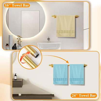 Gold 8-Piece Bathroom Hardware Set Stainless Steel, 24in and 16in Towel Bars Set Wall Mounted Bathroom Accessories