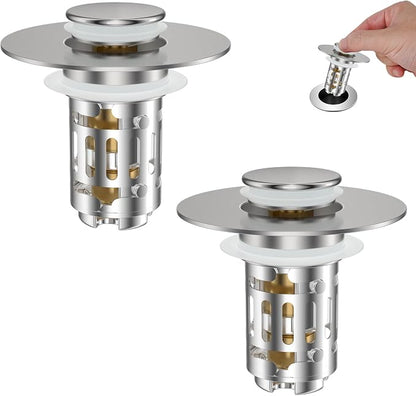Hibbent 2 Pack Universal Bathroom Sink Drain Strainer, 3 in 1 Pop Up Stopper, Removable Stainless Steel Filter Basket, Brass Bullet Core, Hair Catcher Sink Plug for 1.1''~2.36'' Hole, Brushed Nickel