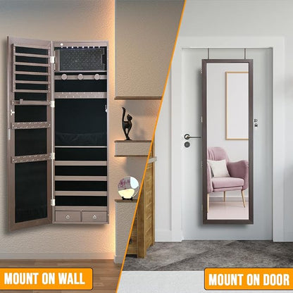 8 LED Lights Jewelry Armoire with Mirror Cabinet Door/Wall Mounted | 47.3' H Mirror With Storage And 2 Drawers - Brown