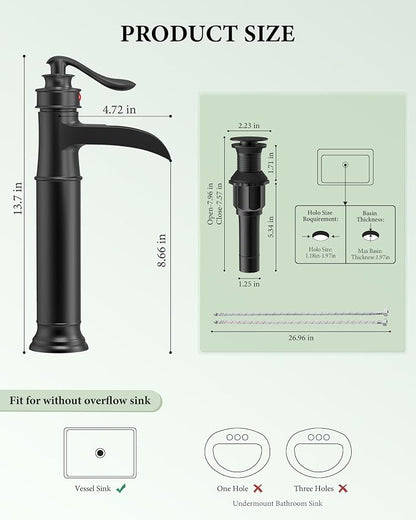 Matte Black Vessel Sink Faucets Waterfall Bathroom Faucet Single Handle | 1 Hole Brass for Lavatory Farmhouse with Pop Up Drain Mixer Tap Without Overflow Supply Line by Homevacious