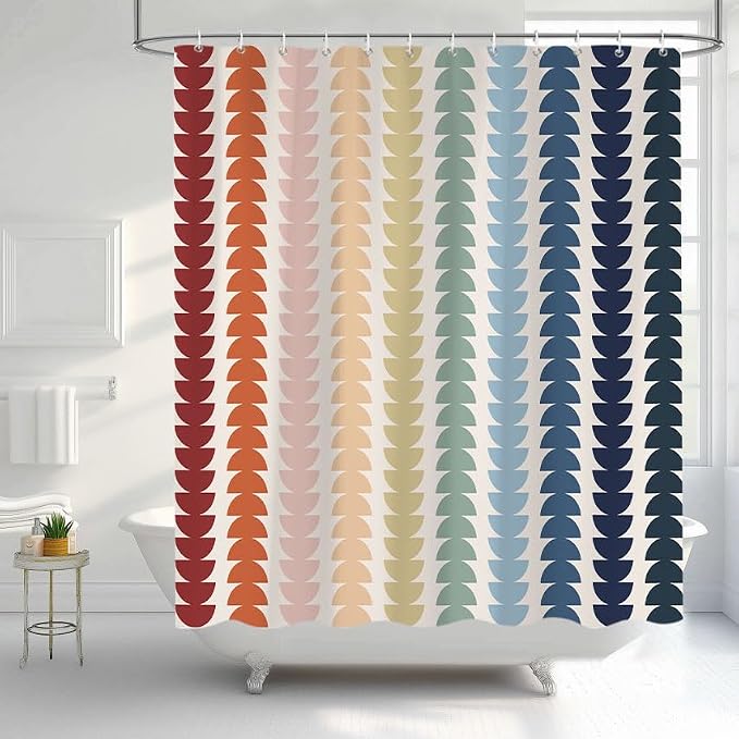 Modern Geometric Shower Curtain, Vintage Rainbow Mid-Century Abstract Art Design Bath Curtains for Bathroom, Colorful Semicircular Pattern Waterproof Polyester Fabric Bathroom Set 12 Hooks 72X78IN