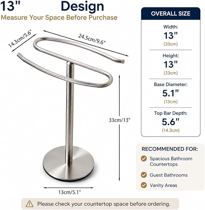 Brushed Nickel Hand Towel Holder Stand,13 Inch Tall Free-Standing Towel Rack, SUS304 Stainless Steel Towel Bar Rack Stand, Tower Bar for Bathroom Kitchen Vanity Countertop…