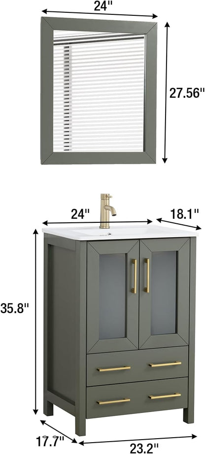 HOMEBEYOND 24 Inch Modern Bathroom Vanity with Sink & Mirror, Single Vanity Cabinet with Basin and Mirror, Dove-Tailed Drawers, Soft-Closing Doors, Wood, Vintage Green