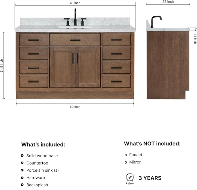 ARIEL Hepburn 60-inch Bathroom Vanity with Sink,Solid Wood, 1.5-inch Italian Carrara Marble Countertop, Single Rectangular Porcelain Sink, 2 Soft Closing Doors, 9 Dovetail Drawers, Brown Oak