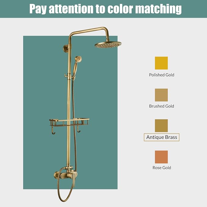 Heyalan Antique Brass Exposed Pipe Shower System 8 Inch Rainfall Shower Head Fixture Combo Set Single Handle with Handheld Sprayer Bathroom Shower Faucet Adjustable Showerhead Bar with Shower Shelf