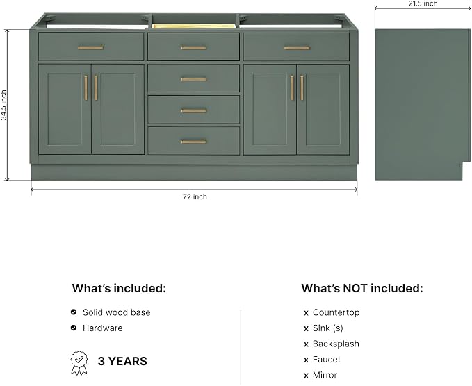 ARIEL Hepburn 72-inch Bathroom Vanity Base Cabinet,Solid Wood, 4 Soft Closing Doors, 6 Dovetail Drawers, Vintage Green