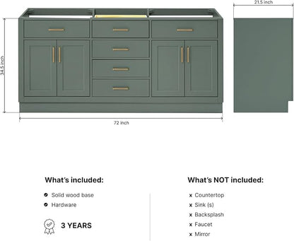 ARIEL Hepburn 72-inch Bathroom Vanity Base Cabinet,Solid Wood, 4 Soft Closing Doors, 6 Dovetail Drawers, Vintage Green