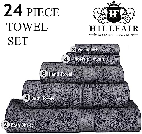 HILLFAIR 100% Cotton 24 Piece Bath Towels Set for Bathroom- Platinum