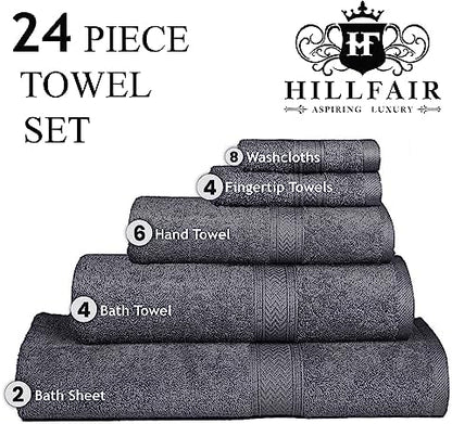 HILLFAIR 100% Cotton 24 Piece Bath Towels Set for Bathroom- Platinum