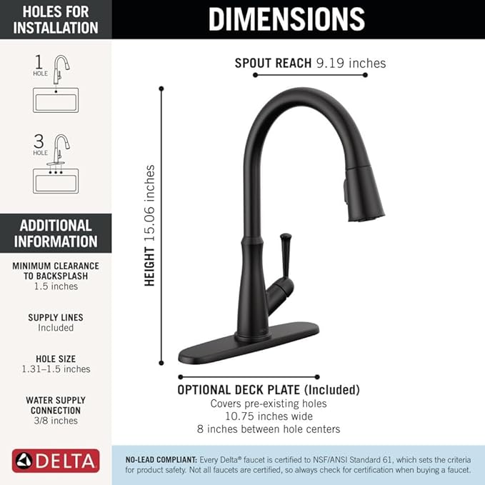 Delta Westville Matte Black Kitchen Faucet with Pull Down Sprayer, Contemporary Single Hole Kitchen Sink Faucet, Single Handle, Matte Black 9110-BL-DST