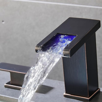 LED Bathroom Faucet 3 Hole, Oil Rubbed Bronze Waterfall Bathroom Faucets, 8 Inch Widespread Modern Bathroom Sink Faucet & Parts, Wide Spread Touch On Three Hole 2 Handle Bathroom Vanity Faucet