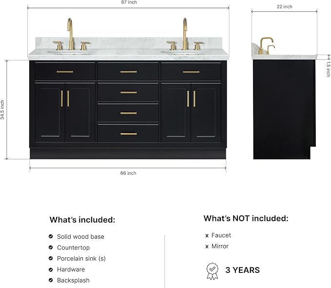 ARIEL Hepburn 66-inch Bathroom Vanity with Sink,Solid Wood, 1.5-inch Italian Carrara Marble Countertop & Backsplash, Double Oval Porcelain Sink, 4 Soft Closing Doors, 6 Dovetail Drawers, Black