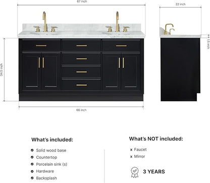 ARIEL Hepburn 66-inch Bathroom Vanity with Sink,Solid Wood, 1.5-inch Italian Carrara Marble Countertop & Backsplash, Double Oval Porcelain Sink, 4 Soft Closing Doors, 6 Dovetail Drawers, Black