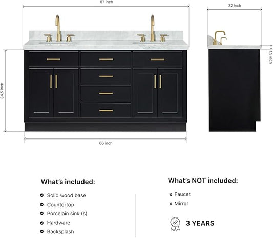 ARIEL Hepburn 66-inch Bathroom Vanity with Sink,Solid Wood, 1.5-inch Italian Carrara Marble Countertop & Backsplash, Double Oval Porcelain Sink, 4 Soft Closing Doors, 6 Dovetail Drawers, Black