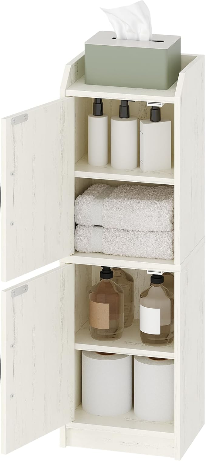 Bathroom Storage Cabinet, Small Corner Floor Cabinet with Door and Shelves, Narrow Bathroom Organizer and Paper Storage with Adjustable Shelves, for Small Spaces, Rustic White BC27114X