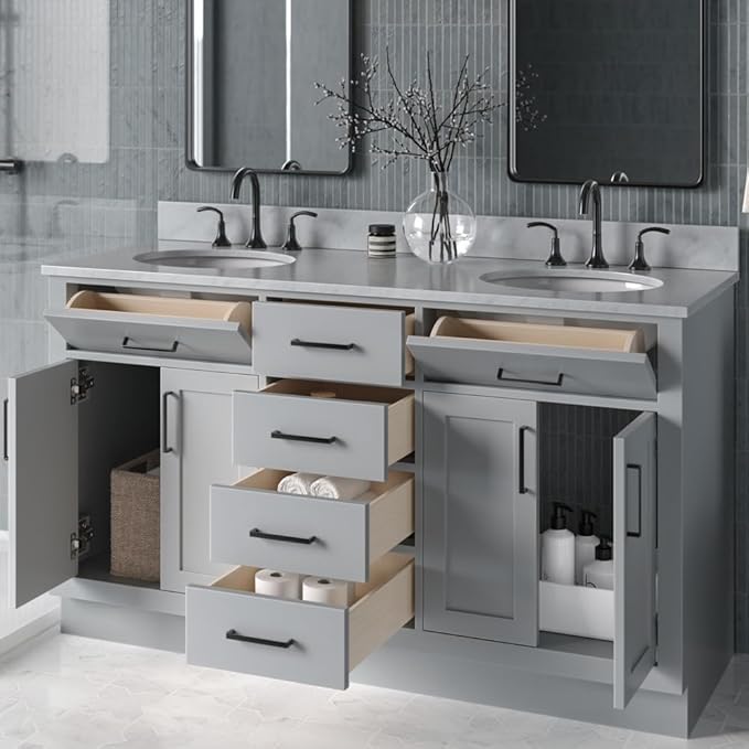 ARIEL Hepburn 60-inch Bathroom Vanity with Sink,Solid Wood, 0.75-inch Italian Carrara Marble Countertop & Backsplash, Double Oval Porcelain Sink, 4 Soft Closing Doors, 6 Dovetail Drawers, Grey