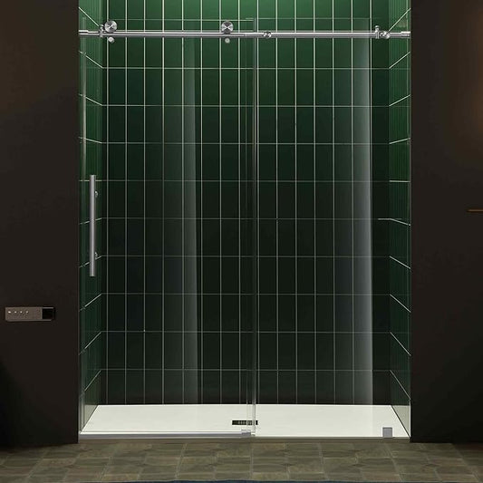 Woodbridge 56-60" W x 80" H Frameless Single Sliding Shower Door with Tempered Glass & Explosion Proof Film in Brushed Nickel Finish