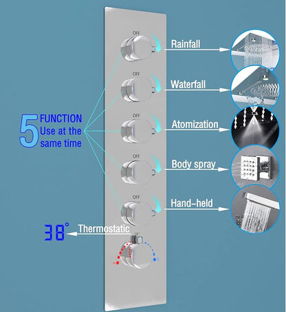 Enga 20 Inch Rain Shower System, LED Atomizing Rainfall Waterfall Large Horizontal Square Ceiling Shower Head with Remote Control Thermostatic Shower Faucet Set Flow Can Be Controlled, Chrome