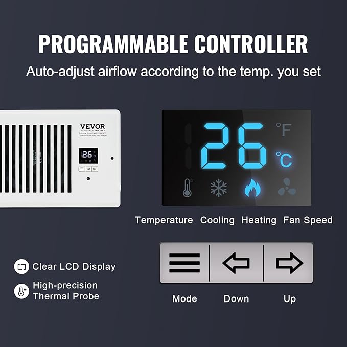 VEVOR Register Booster Fan, Quiet Vent Booster Fan Fits 4” x 10” Register Holes, with Remote Control and Thermostat Control, Adjustable 10-Speed for Heating Cooling Smart Vent, White