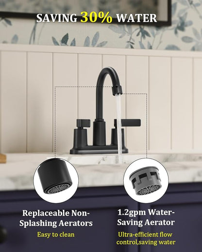 2 Pack Matte Black 4 Inch Centerset Bathroom Sink Faucet 3 Hole | Faucet for Bath Sink with Pop Up Drain and 2 Supply Hoses 2 Handle Bathroom Faucets for Sink Vanity RV Evolvegoods
