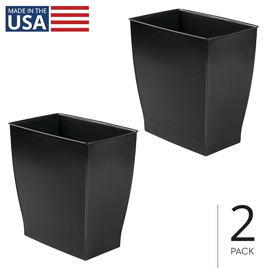 iDesign Small Plastic Bathroom Trash Can, Slim Rectangle, 2-Pack, Black | Garbage Bin for Bedroom, Office, Dorm