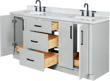 ARIEL Loren 72-inch Bathroom Vanity with Sink,Solid Wood, 1.5-inch Italian Carrara Marble Countertop, Double Rectangular Porcelain Sink, 4 Soft Closing Doors, 3 Dovetail Drawers, Grey