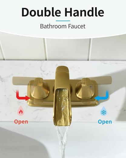 Fapully Bathroom Faucet, Waterfall Bathroom Sink Faucet Widespread, 4 Inch Centerset Brushed Gold Faucet for Bathroom Sink with Pop-up Drain