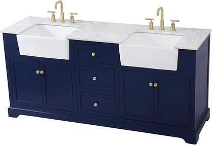 72" Pre-Assembled Bathroom Vanity with Sink, Solid Birch and MDF, Carrara White Marble Countertop Attached, Double Rectangle Porcelain Sink, 3 Soft-Close Drawers, Blue