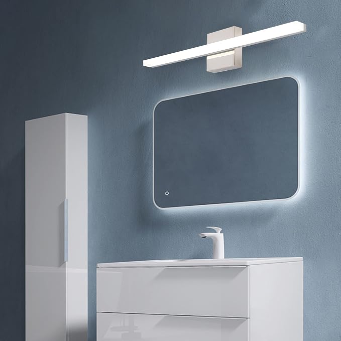 Modern 24IN 14W Bathroom Light Fixture, Chrome Vanity Lights for Mirror, 2 Packs, Waterproof, Daylight White Light(6000K), Stainless Steel, A-Silver, Hardwired