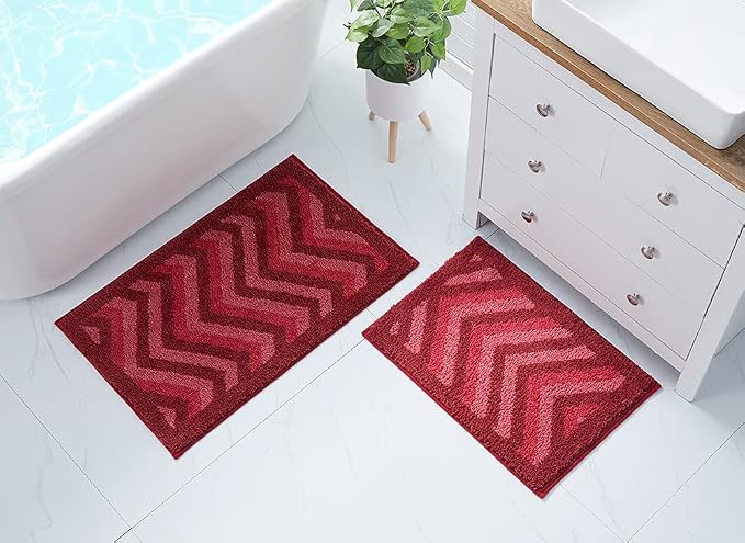 Hearth & Harbor Bathroom Rugs, Shaggy Plush Bath Mat, Ultra Soft Non Slip Backing Rubber, Chevron Design Bath Rug, Red, 2 Piece Set