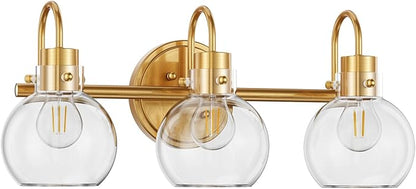3-Light Vanity Light, Brushed Brass Bathroom Light Fixtures, Farmhouse Wall Sconces with Globe Clear Glass Shade, Porch Wall Mount Lamp for Mirror, Kitchen, Porch, Living Room, Workshop (E26 Base)