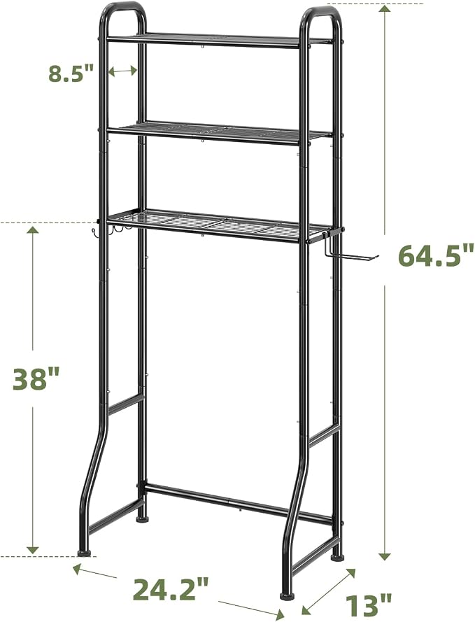 Simple Trending Over The Toilet Storage Rack, Metal 3 Tier Bathroom Organizer Shelf with Paper Holder and 3 Hooks, Freestanding Shelf Space Saver Above Toilet,Black
