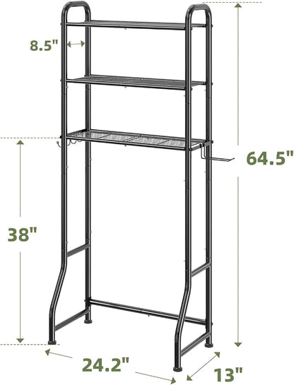 Simple Trending Over The Toilet Storage Rack, Metal 3 Tier Bathroom Organizer Shelf with Paper Holder and 3 Hooks, Freestanding Shelf Space Saver Above Toilet,Black