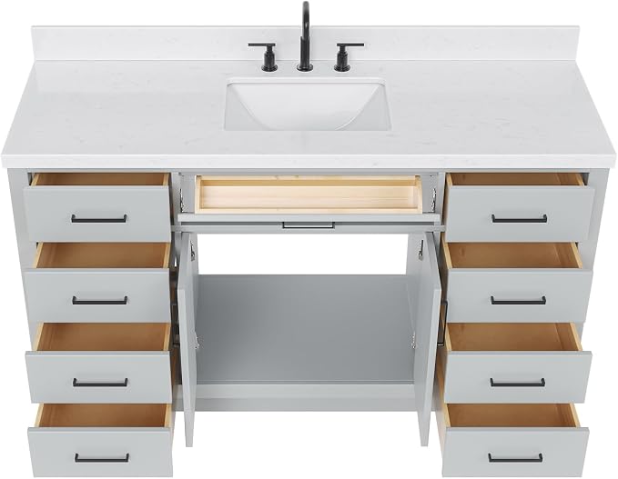 ARIEL Hepburn 60-inch Bathroom Vanity with Sink,Solid Wood, 1.5-inch Carrara White Quartz Countertop & Backsplash, Single Rectangular Porcelain Sink, 2 Soft Closing Doors, 9 Dovetail Drawers, Grey