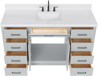 ARIEL Hepburn 60-inch Bathroom Vanity with Sink,Solid Wood, 1.5-inch Carrara White Quartz Countertop & Backsplash, Single Rectangular Porcelain Sink, 2 Soft Closing Doors, 9 Dovetail Drawers, Grey