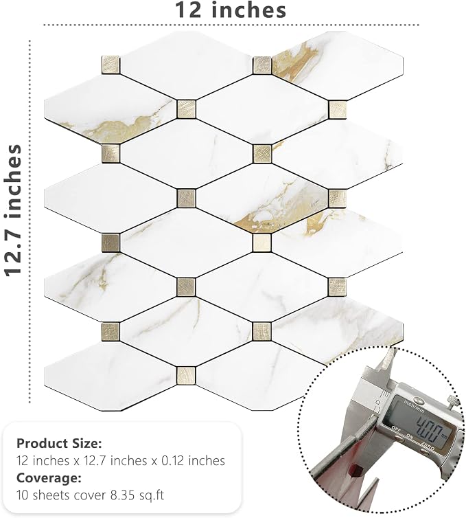 STICKGOO 10 Sheets Peel and Stick Backsplash, Calacatta Golden Stick on Aluminum Composite Tiles Stikers, Self Adhesive Mixed Metal Backsplash for Kitchen, Bathroom, Fireplace, RV