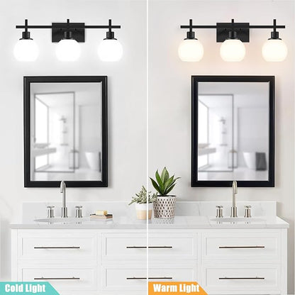Modern Vanity Lighting Fixtures,3-Light Black Bathroom Lighting Fixtures Over Mirror，Bathroom Wall Mounted Vanity Light with Milky White Glass Lampshade for Living Room，Bedroom，Hallway