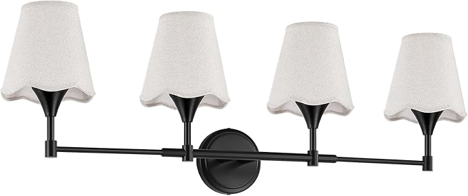 Modern Bathroom Vanity Light Fixtures: Matte Black Vanity Lights Over Mirror with Flared Fabric Shade, Farmhouse Bathroom Lighting Fixtures, 4 Light Wall Sconces Lights for Bedroom Hallway Living Room