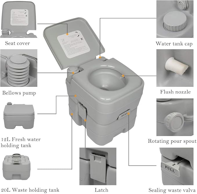 Ochine Portable Toilet Camping Porta Potty, Portable Folding Toilet with Lid, Indoor Outdoor Commode with Detachable Inner Bucket and Removable Paper Holder for Camping, Boat, Van, Emergency Use