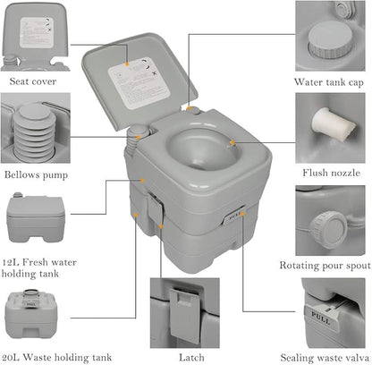 Portable Camping Toilet, 5.3 Gal Waste Tank & 3.2 Gal Flush Tank, Push-Button Pressurized Flush Commode, Leak-proof and Odourless Travel Toilet for Adults Outdoor, Camping, Emergency Use