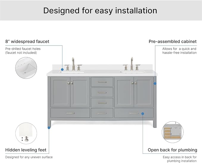 ARIEL Cambridge 72-inch Bathroom Vanity with Sink,Solid Wood, 1.5-inch Pure White Quartz Countertop & Backsplash, Double Rectangular Porcelain Sink, 4 Soft Closing Doors, 6 Dovetail Drawers, Grey