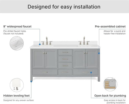 ARIEL Cambridge 72-inch Bathroom Vanity with Sink,Solid Wood, 1.5-inch Pure White Quartz Countertop & Backsplash, Double Rectangular Porcelain Sink, 4 Soft Closing Doors, 6 Dovetail Drawers, Grey