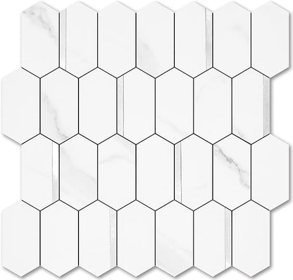 Vamos Tile Long Hexagon Peel and Stick Backsplash Tile - 10 Sheets Stick on Backsplash for Kitchen and Bathroom 12.4 x 12 Inch White Marble Look PVC Mixed Metal Silver Self Adhesive Mosaic Wall Tiles