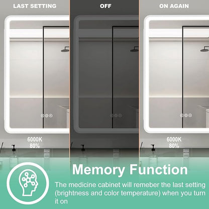 20x28 Inch Medicine Cabinet with Mirror, Recessed or Surface Mount Bathroom Medicine Cabinet with LED Lights, Anti-Fog, Memory Function, Adjustable Shelf, Dimmable Light, ETL Listed, White,Right Hinge