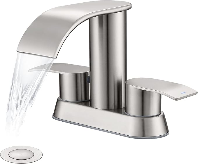 Ultimate Unicorn Waterfall Bathroom Sink Faucet Brushed Nickel, Two Handles Bathroom Faucet with Metal Pop up Sink Drain Stopper, Two Or 3 Holes Bathroom Basin Mixer Tap with Deck Mount Plate