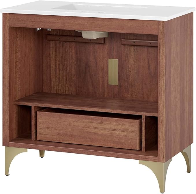 Modway Daylight Bathroom Vanity Cabinet with Ceramic Sink Basin, 36 Inch, White Walnut