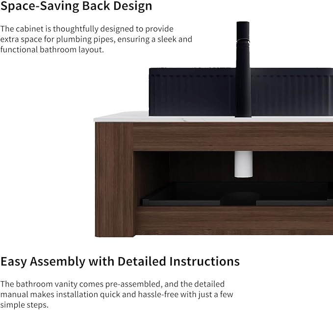 Yayzy 48" Floating Bathroom Vanity with Sink, Solid Wood Fluted Cabinet, Black Fluted Square Ceramic Basin & Faux Marble Top, Soft-Close Drawer, Pre-Assembled, Walnut Woodgrain