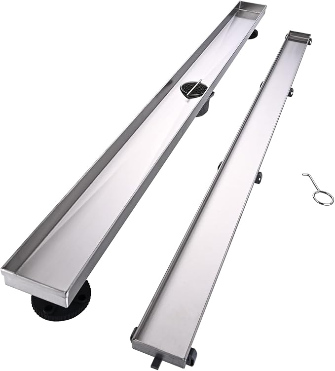 Linear Shower Floor Drain, 28 Inch Brushed Nickel 304 Stainless Steel Bathroom Drains Kit, Rectangular Shower Trench Drain with Reversable Tile-in Pattern Drain Cover & Hair Catcher